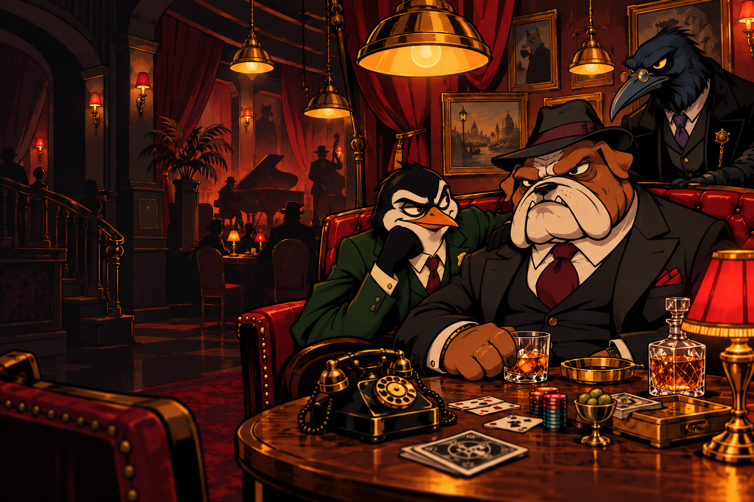 A bulldog boss, sly penguin and raven in an atmospheric cartoon jazz club
