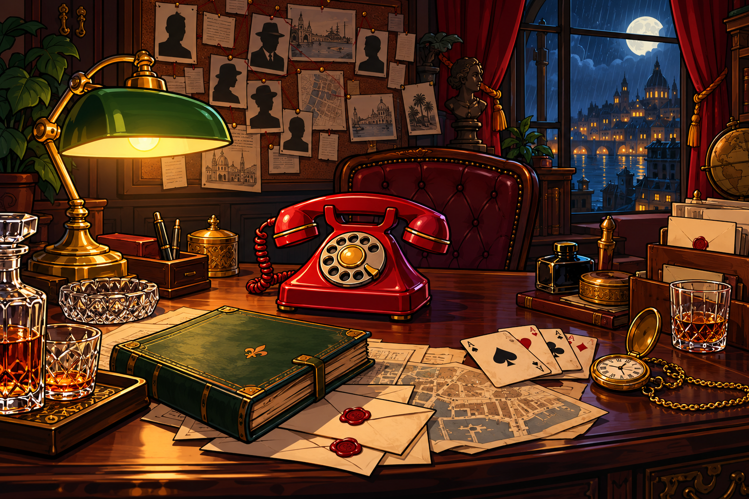 The boss's desk with a red telephone, sealed letters and a green ledger